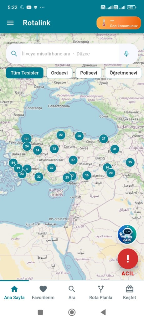 Rotalink mobil uygulama ekranı — harita ve tesis arama